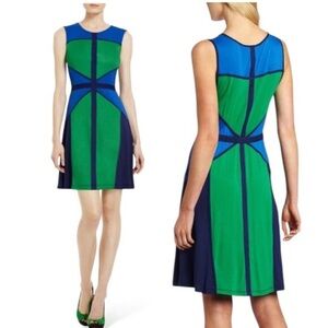 New BCBG MaxAzria Color Block dress blue green navy jersey cocktail valentines S
